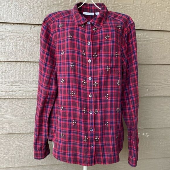 Halogen Embellished Red Plaid Button Up Shirt Blouse Women's Large Holiday - Picture 3 of 7